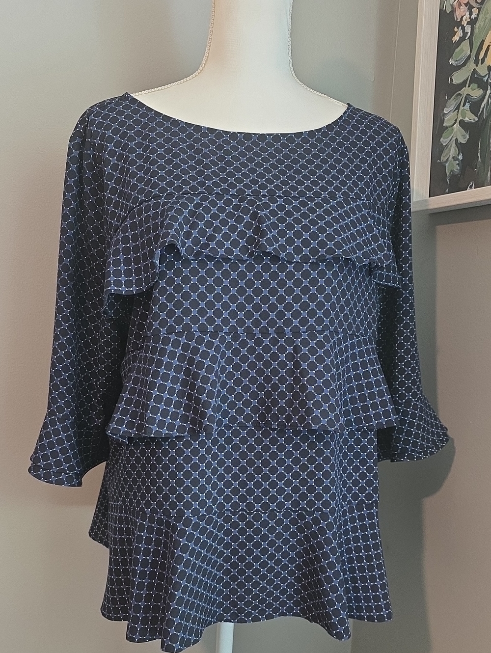 Ann Taylor Navy Blue Geometric Ruffle Tiered Blouse Size XL